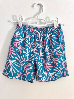 Crewcuts J Crew Boys Size 4 Teal Pink Coral Reef Print Swim Trunks Board Shorts